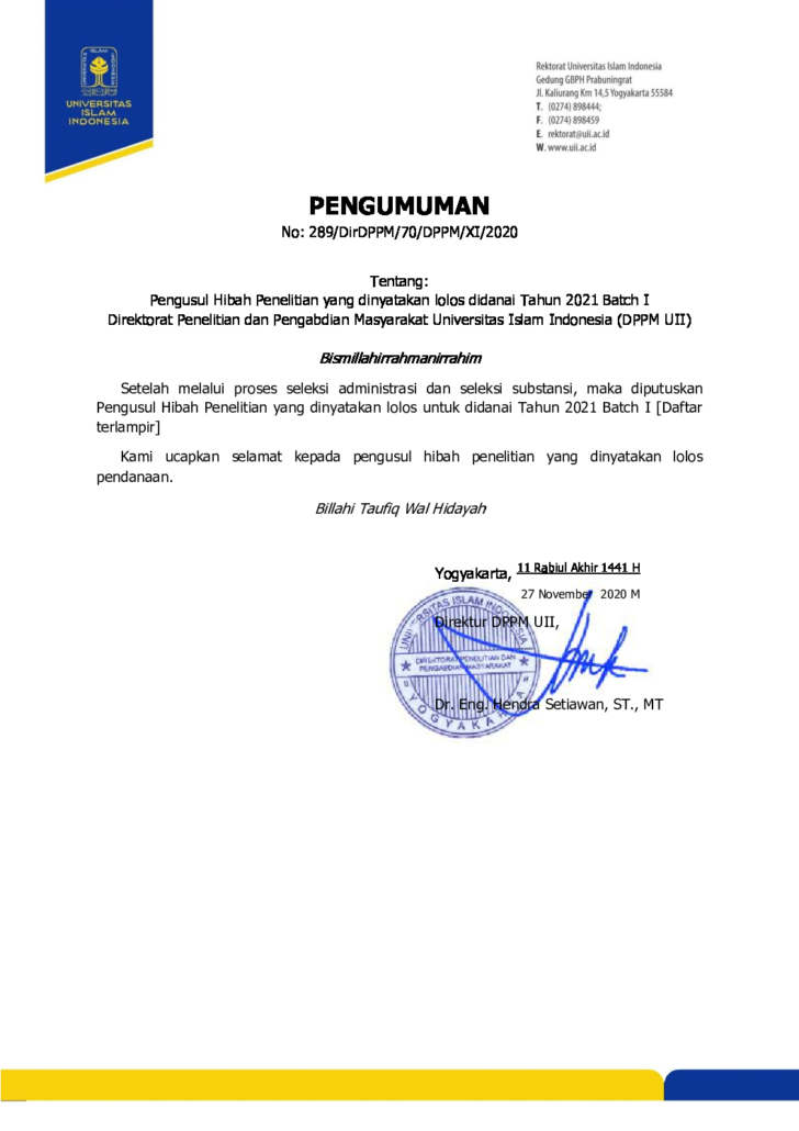 K 289 - Pengumuman Pengusul Hibah Penelitian yang ...